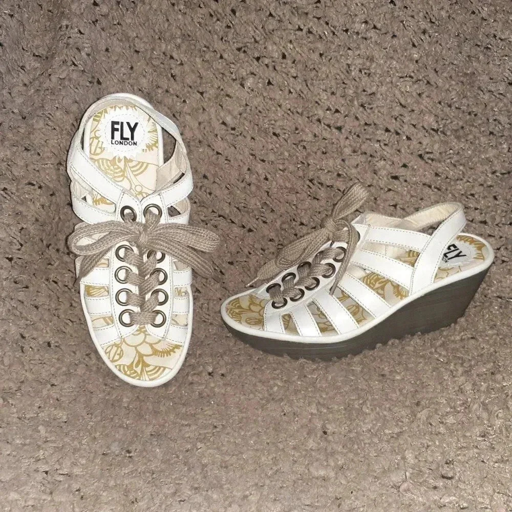 FLY LONDON-Yito-White Leather Gladiator-Ghillie Wedge Sandal-Sz 38-Near Mint